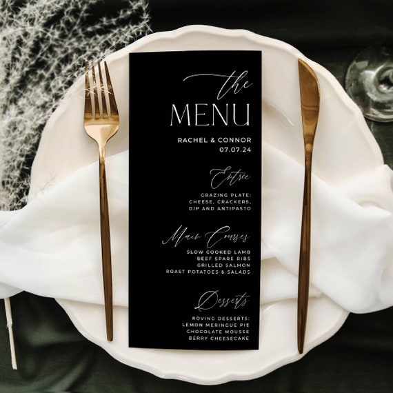 Classic Black Wedding Menu Template, Printable Modern Elegant Monochrome Table Menu, Editable Minimalist Dinner Menu, Digital Download, #BW