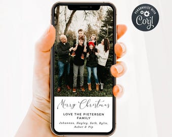 Electronic Minimalist Script Photo Holiday Card Template, Editable Family Photo Digital Christmas Card, Xmas Text Message, Digital Download