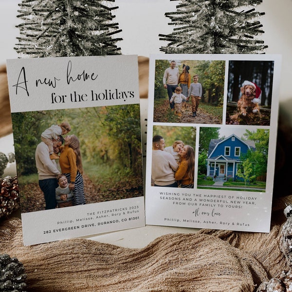 A New Home For The Holidays Christmas Card Template, Printable Photos Holiday Card, Editable Decking New Halls Announcement Instant Download