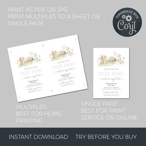 Pu&ograve; includere: Invito stampabile per un brunch di Pasqua con un'illustrazione ad acquerello di un coniglio che tira un carrello con uova color pastello. Il testo dell'invito recita "Unisciti a noi per un brunch di Pasqua e una caccia alle uova".