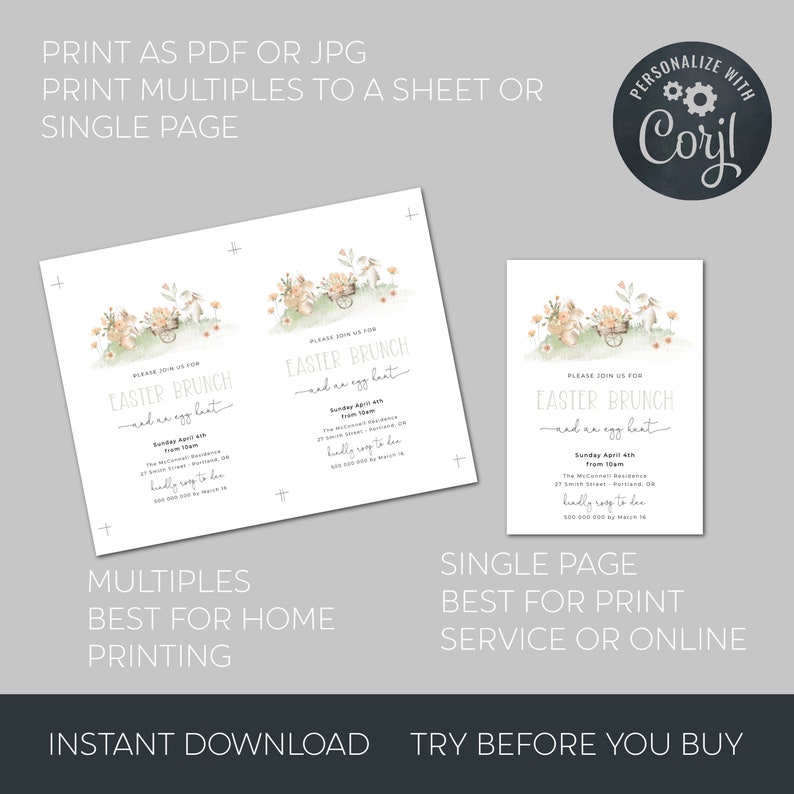 Pu&ograve; includere: Invito stampabile per un brunch di Pasqua con un'illustrazione ad acquerello di un coniglio che tira un carrello con uova color pastello. Il testo dell'invito recita "Unisciti a noi per un brunch di Pasqua e una caccia alle uova".