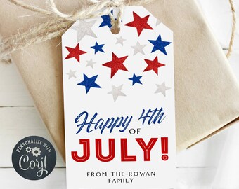 Minimalist 4th Of July Favor Tag Template, Printable Glitter Stars July Fourth Tags, Editable Patriotic Party Tag, Digital Download, #J8