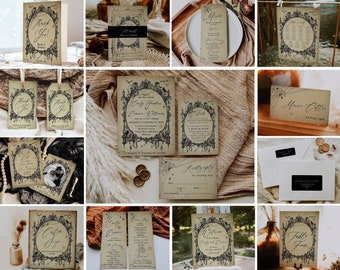 Halloween gotische lijst grote bruiloft sjabloon bundel, afdrukbare vintage bruiloft bundel, bewerkbare griezelige bruiloft collectie, uitnodigen set #H8