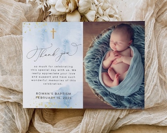 Blue & Gold Baptism Thank You Template, Printable Photo Thank You Card, Editable Baby Light Blue Christening Thanks, Digital Download, #BB