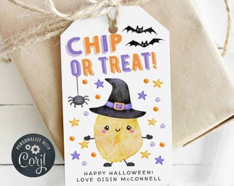 Chip Or Treat Halloween Gift Tag Template, Printable Chips Favor Tags, Editable Classroom School Trick Or Treat Bag Tags, Digital Download