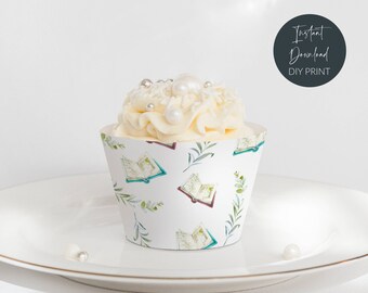 Storybook Baby Shower Cupcake Wrappers, Printable Book Themed Shower Cake Wraps, Gender Neutral Book Greenery Cupcake, Digital Download, #BT