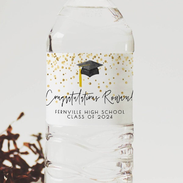 Graduation Water Bottle Label Template, Printable Modern Confetti Hat Water Bottle Wraps, Editable Graduate Favors, Instant Download, #GC