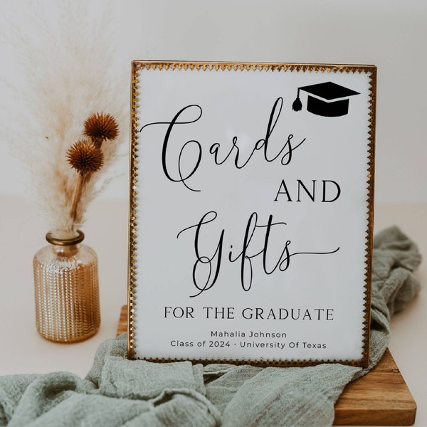 Cards & Gifts For The Graduate Sign Template, Editable Minimal Grad Decor, Printable Elegant Grad Party Table Sign, Instant Download, #G1