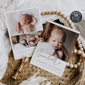 Newborn Baby Birth Announcement Template, Printable Photo Birth Card, Editable Modern Minimal Pictures Birth Announcement, Instant Download