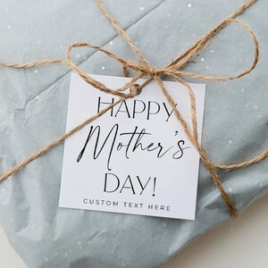 May include: White gift tag with black text that reads "Happy Mother's Day!" and "Custom Text Here". The tag is tied with twine to a light blue gift bag.