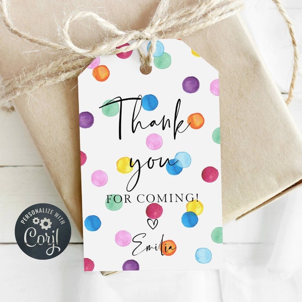 Watercolor Spots Party Favor Tag Template, Printable Thank You For Coming Party Gift Tags, Editable Rainbow Tags, Instant Download #RSB