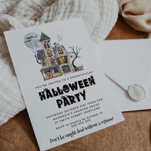 May include: A Halloween party invitation with a spooky house illustration. The invitation reads "You're invited to a spooktacular Halloween Party" and includes details about the date, time, location, and RSVP information. The text also says "Don't be caught dead without a costume!"