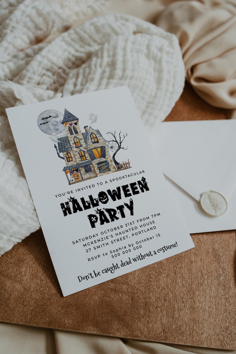 May include: A Halloween party invitation with a spooky house illustration. The invitation reads "You're invited to a spooktacular Halloween Party" and includes details about the date, time, location, and RSVP information. The text also says "Don't be caught dead without a costume!"