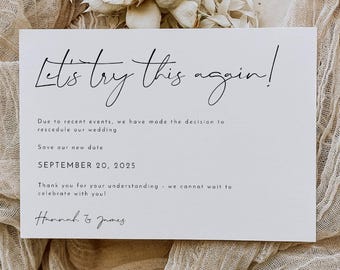 Minimalist Wedding Postponed Announcement Template, Printable Let's Try This Again, Editable Modern Postponement Card, Digital Download