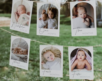 First Birthday Arch Photo Banner Template, Printable Baby's 1st Year Monthly Milestone Cards, Editable Photo Garland, Digital Download, #B1