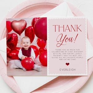 Bearbeitbares Valentinstags-Geburtstags-Foto-Dankeschön-Kartenvorlage, druckbar Unser kleiner Schatz erste Geburtstagsfeier Danke, Sofort-Download #V2