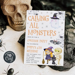 Calling All Monsters Halloween Invitation Template, Printable Kids Spooky Birthday Invite, Editable Costume Party Invite, Instant Download