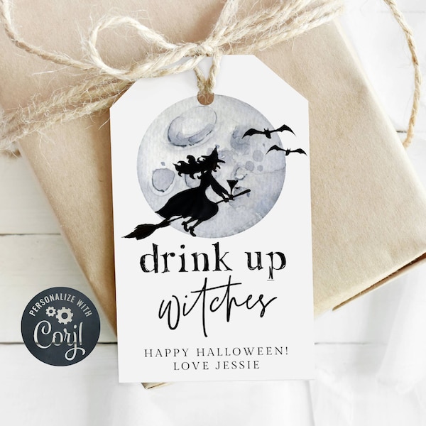 Drink Up Witches Halloween Favor Tag Template, Printable Spooky Bachelorette Gift Tags, Editable Witch Alcohol Tags, Instant Download, #DU