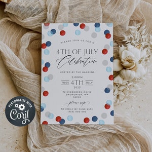 Minimalist 4th of July Invitation Template, Printable Elegant Confetti July Fourth Party Invite, Editable Independence Day, Instant Download