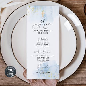 Blue Watercolor Baptism Menu Template, Printable Christening Table Menu, Editable Menu Cards, Modern Boy Baptism Menu Instant Download #BB