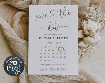 Modern Calendar Save the Date Template, Printable Hearts Wedding Save Our Date, Editable Minimalist Save the Date, Instant Download, #HF