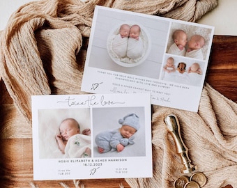 May include: Two rectangular birth announcement cards featuring photographs of newborn twins. The cards display the text Twice the love, Rosie Elizabeth & Asher Harrison, 16.12.2023, 11:44 PM 7LB 2OZ, 11:51 PM 9LB 5OZ, and Thank you for your well wishes.