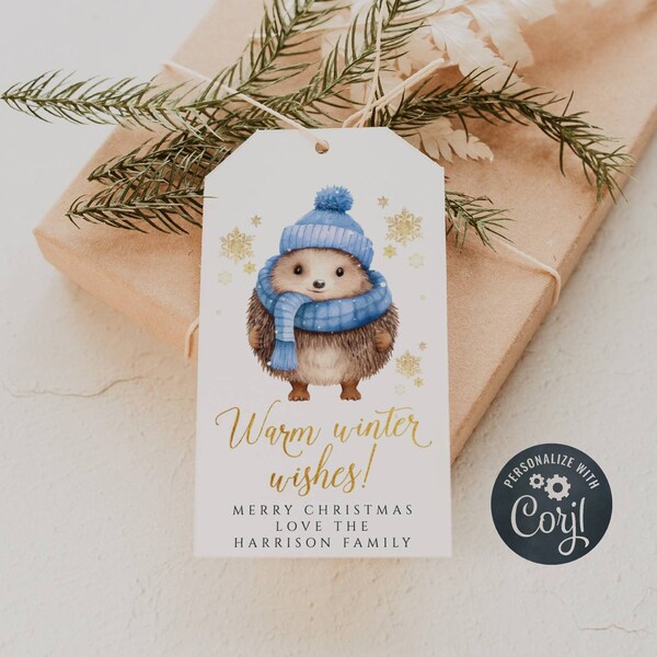 Warm Winter Wishes Hedgehog Christmas Gift Tag Template, Printable Holiday Favor Tag, Editable Winter Appreciation Tag, Instant Download