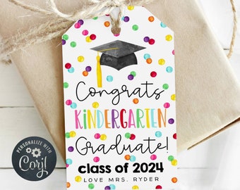 Kindergarten Graduation Gift Tag Template, Printable Congratulations Kinder Graduate Favor Tag, Editable End Of Year Tag, Instant Download