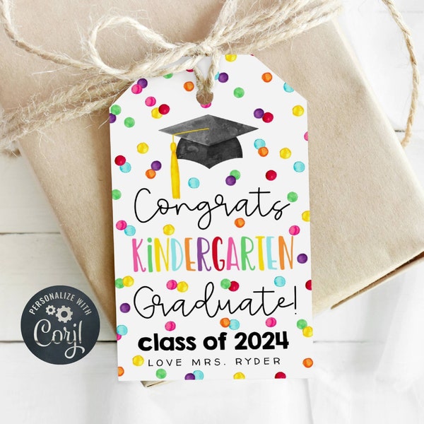 Kindergarten Graduation Gift Tag Template, Printable Congratulations Kinder Graduate Favor Tag, Editable End Of Year Tag, Instant Download