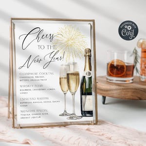 Plantilla de letrero de menú de bar para Nochevieja, letrero de bebidas navideñas para Nochevieja imprimible, menú de cócteles de saludos por el Año Nuevo editable, descarga instantánea