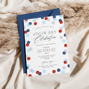 May include: A white invitation with a navy blue envelope. The invitation has red, white, and blue confetti around the border. The text reads "4th of July Celebration" and includes event details.