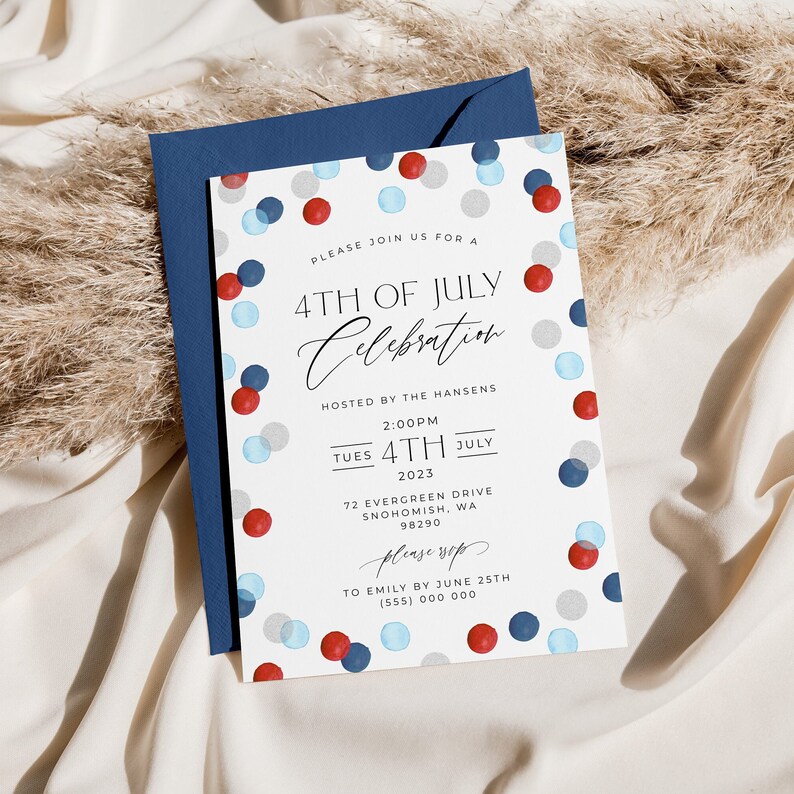 May include: A white invitation with a navy blue envelope. The invitation has red, white, and blue confetti around the border. The text reads "4th of July Celebration" and includes event details.