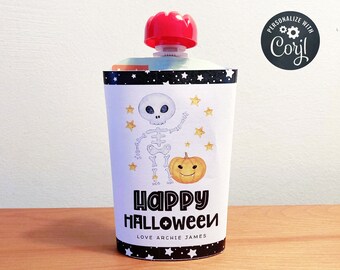 Printable Halloween Skeleton Pouch Wrapper Template, Cute Applesauce Label, Editable Daycare Preschool Halloween Favor Tag, Digital Download
