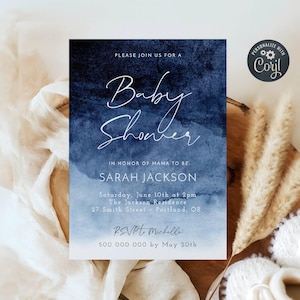 Modello di invito per baby shower con sfumatura blu navy e acquerello, invito stampabile per baby shower, invito per baby shower blu scuro modificabile, download immediato, #OS
