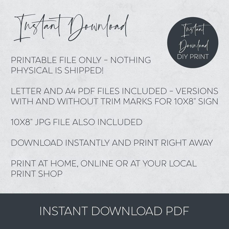 Op de afbeelding: Een digitale downloadafbeelding met de woorden "Instant Download" in een handschriftstijl. De afbeelding bevat tekst waarin staat dat het bestand afdrukbaar is, met Letter-, A4- en JPG-bestandopties. Een cirkelvormige afbeelding luidt "Instant Download DIY Print."