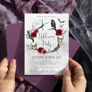 May include: Halloween party invitation with a spooky skull and floral wreath design. The invitation reads "Halloween Party" and "Saturday October 31st" with details about the party location and RSVP information. The text at the bottom reads "don't be caught dead without a costume."