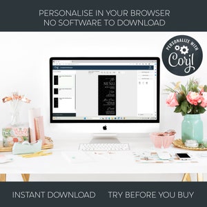May include: A computer screen displaying a website with a wedding menu template. The website is called "Corjl" and allows users to personalize the menu with their own text and images. The menu is black with white text and features a brick background. The text on the screen reads "The Menu".