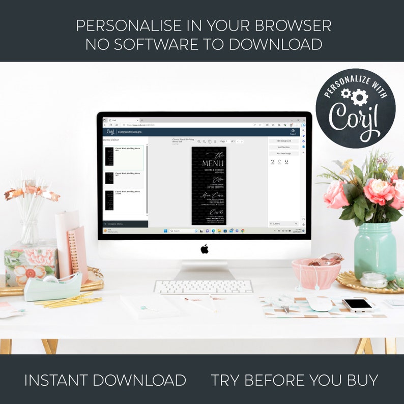 May include: A computer screen displaying a website with a wedding menu template. The website is called "Corjl" and allows users to personalize the menu with their own text and images. The menu is black with white text and features a brick background. The text on the screen reads "The Menu".