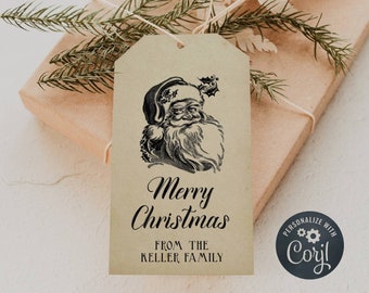 Vintage Santa Claus Christmas Gift Tag Template, Printable Santa Favor Tags, Editable Christmas Tags, Traditional Christmas Instant Download