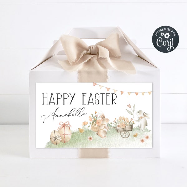 Easter Bunnies Gable Box Label Template, Printable Easter Treat Box Sticker, Editable Floral Label, Egg Hunt Basket Label, Instant Download