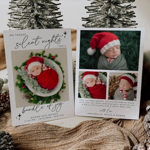 Szablon ogłoszenia o narodzinach dziecka na Boże Narodzenie, do wydrukowania We Traded Silent Nights Holiday Card, edytowalna kartka z życzeniami ze zdjęciem dziecka, natychmiastowe pobranie