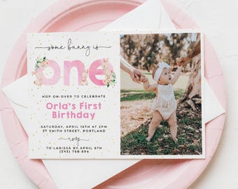 Editable Some Bunny Is Turning One Photo Birthday Invitation Template, Printable Rabbit 1st Birthday Easter Invite, Digital Download, #SBP