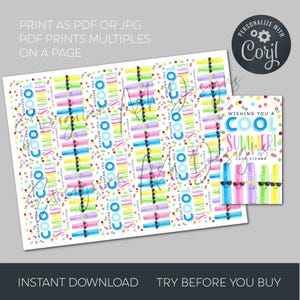 May include: A printable sheet with colorful summer-themed designs. The sheet features multiple rows of cartoon sunscreen bottles with sunglasses, the text "Wishing You a Cool Summer!" and confetti. A separate card with the same design is also shown.