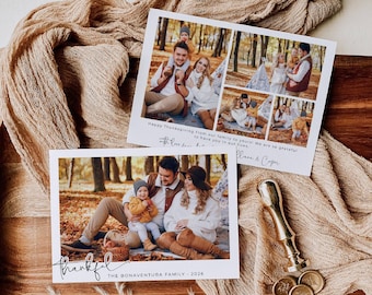 May include: Two rectangular white photo cards featuring family portraits in an autumn forest setting. The cards display the text "thankful" and "THE BONAVENTURA FAMILY 2026" along with "Happy Thanksgiving from our family to yours! We are so grateful to have you in our lives."
