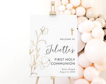 First Communion Welcome Sign Template, Printable Gold Floral 1st Communion Welcome Poster, Editable Modern Communion, Instant Download, #GF