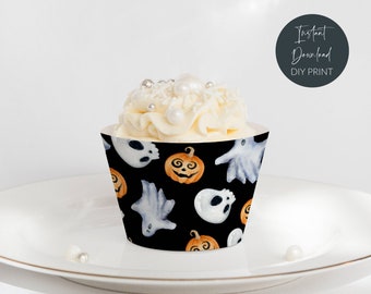 Printable Halloween Cupcake Wrappers, Jack-O-Lantern Pumpkin Ghosts & Skulls Cupcake Wraps, DIY Halloween Party Decor, Instant Download