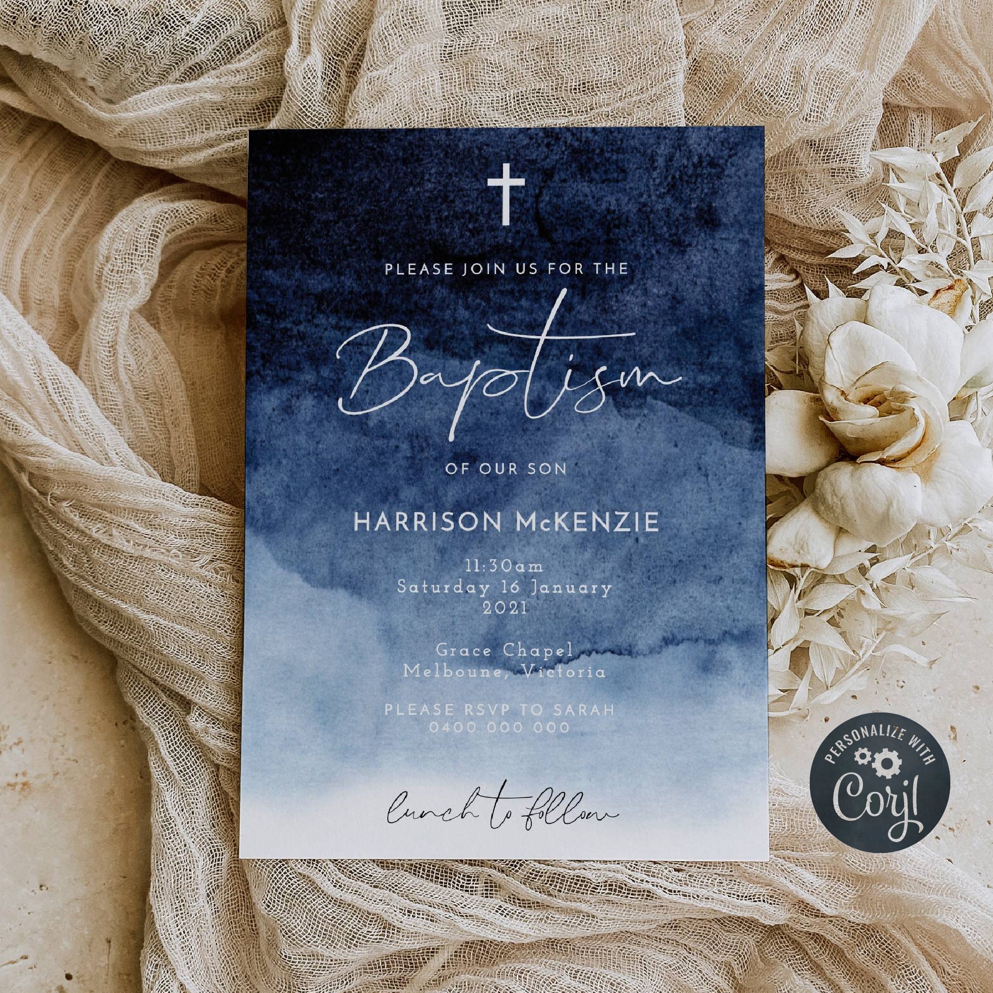 Navy Baptism Invitation Template, Printable Ombre Watercolor Christening Invite, Editable Modern Dedication Invite, Instant Download, #WCB
