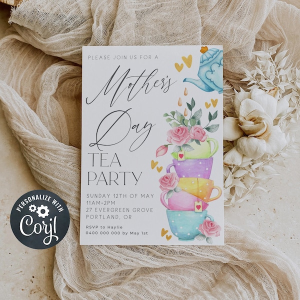 Mother's Day Tea Party Invitation Template, Printable Tea Cups Brunch Invite, Editable Floral High Tea For Mom Invite, Instant Download