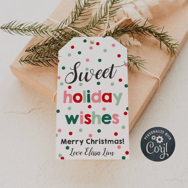 Sweet Holiday Wishes Christmas Gift Tag Template, Printable Polka Dot Favor Tag, Editable Spotty Christmas Treat Tads, Instant Download