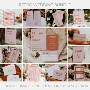 Large Retro Wedding Bundle, Complete Vintage Wedding Invitation Set, Editable 70s Wedding Template Collection, Printable Invite Suite, #RW